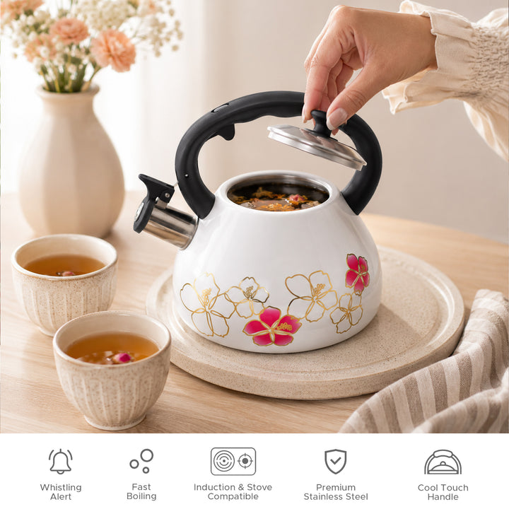 Haus Roland Whistling Tea Kettle, 3 Litre, Stainless Steel Teapot, with Floral Pattern, Nylon Handle, Ergonomic Button, Whistling Spout, Cool Touch, Fast Boiling Kitchen Utensil