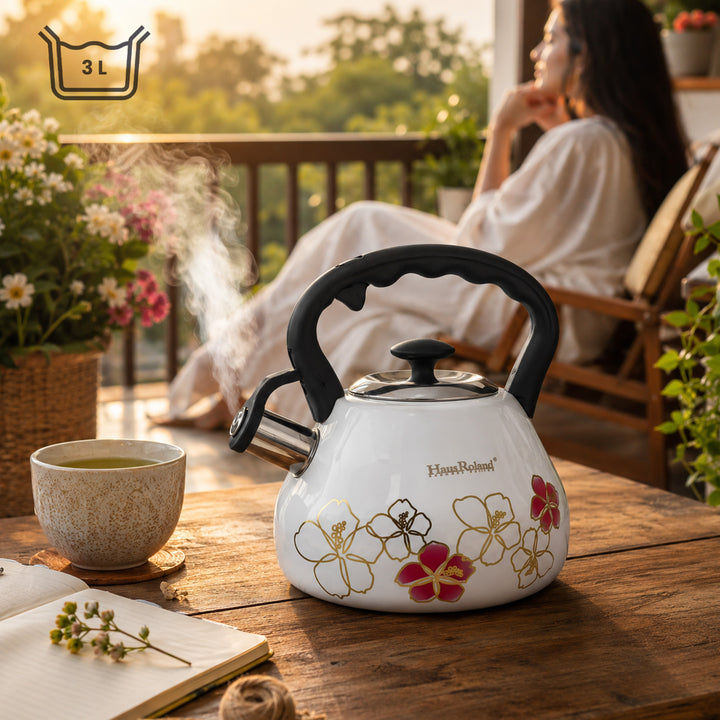 Haus Roland Whistling Tea Kettle, 3 Litre, Stainless Steel Teapot, with Floral Pattern, Nylon Handle, Ergonomic Button, Whistling Spout, Cool Touch, Fast Boiling Kitchen Utensil