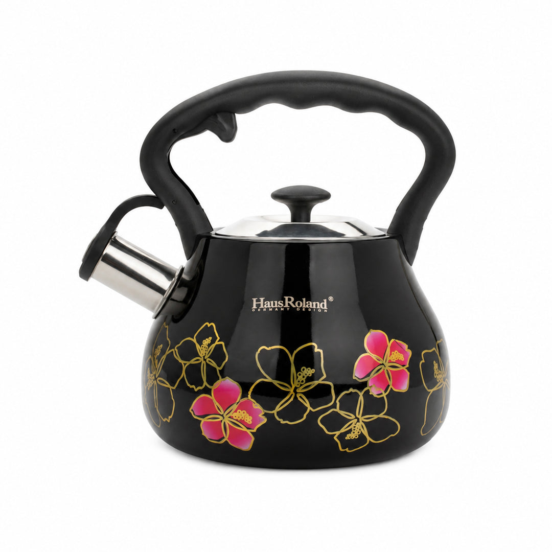 Haus Roland Whistling Tea Kettle, 3 Litre, Stainless Steel Teapot, with Floral Pattern, Nylon Handle, Ergonomic Button, Whistling Spout, Cool Touch, Fast Boiling Kitchen Utensil