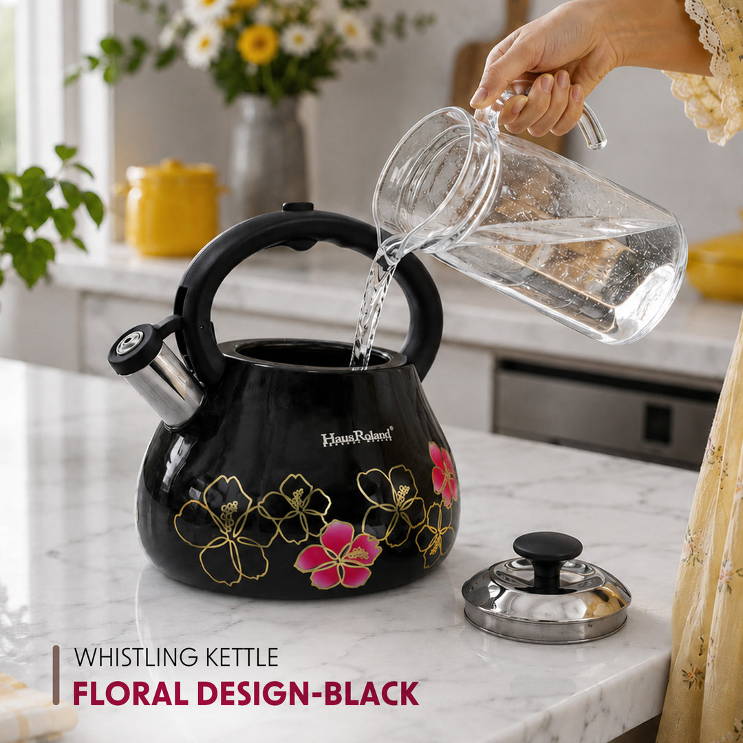 Haus Roland Whistling Tea Kettle, 3 Litre, Stainless Steel Teapot, with Floral Pattern, Nylon Handle, Ergonomic Button, Whistling Spout, Cool Touch, Fast Boiling Kitchen Utensil