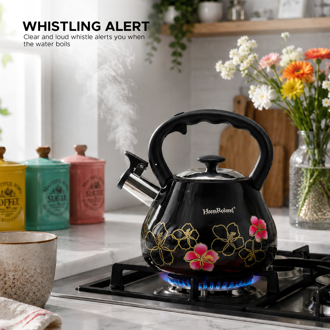 Haus Roland Whistling Tea Kettle, 3 Litre, Stainless Steel Teapot, with Floral Pattern, Nylon Handle, Ergonomic Button, Whistling Spout, Cool Touch, Fast Boiling Kitchen Utensil