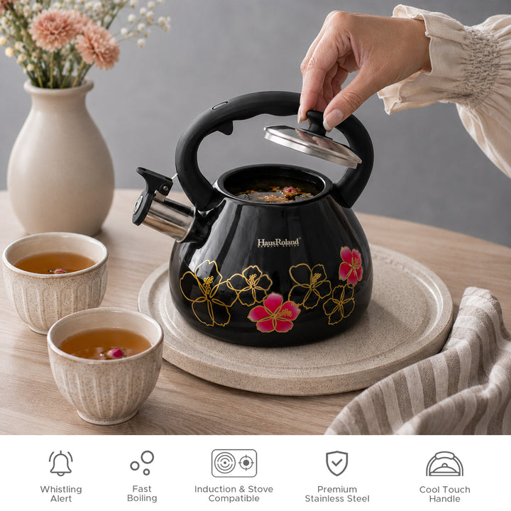 Haus Roland Whistling Tea Kettle, 3 Litre, Stainless Steel Teapot, with Floral Pattern, Nylon Handle, Ergonomic Button, Whistling Spout, Cool Touch, Fast Boiling Kitchen Utensil