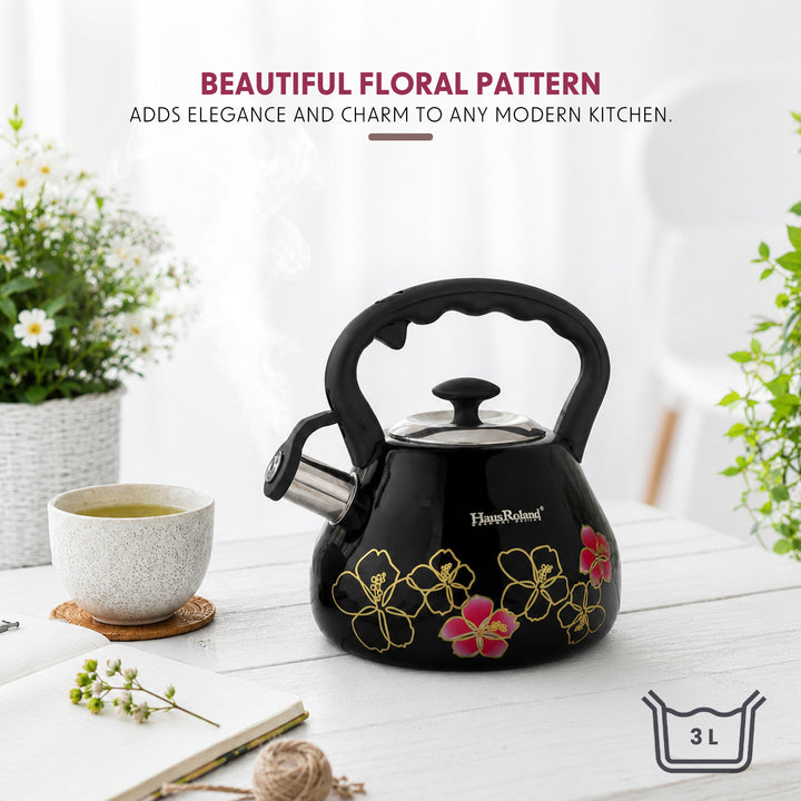 Haus Roland Whistling Tea Kettle, 3 Litre, Stainless Steel Teapot, with Floral Pattern, Nylon Handle, Ergonomic Button, Whistling Spout, Cool Touch, Fast Boiling Kitchen Utensil