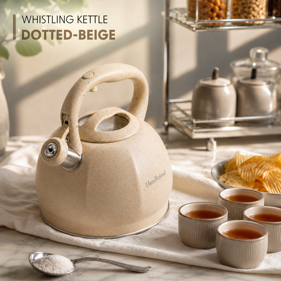 Haus Roland Whistling Kettle, Stovetop Tea Kettle, Stainless Teapot, 3 Liters with Dotted Grain Handles, Fast Boiling, Perfect for Homes, Picnics, and Parties