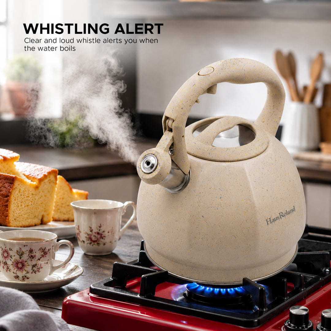 Haus Roland Whistling Kettle, Stovetop Tea Kettle, Stainless Teapot, 3 Liters with Dotted Grain Handles, Fast Boiling, Perfect for Homes, Picnics, and Parties