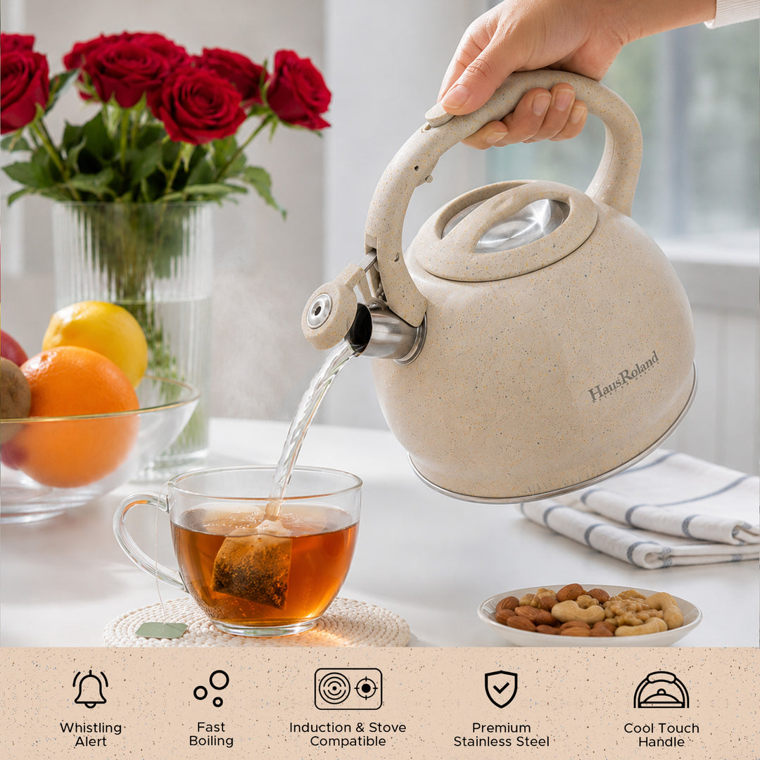 Haus Roland Whistling Kettle, Stovetop Tea Kettle, Stainless Teapot, 3 Liters with Dotted Grain Handles, Fast Boiling, Perfect for Homes, Picnics, and Parties