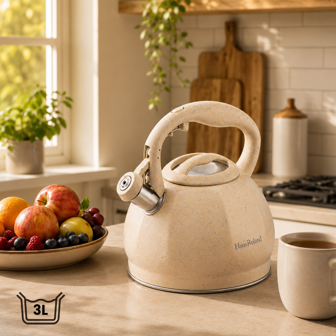 Haus Roland Whistling Kettle, Stovetop Tea Kettle, Stainless Teapot, 3 Liters with Dotted Grain Handles, Fast Boiling, Perfect for Homes, Picnics, and Parties