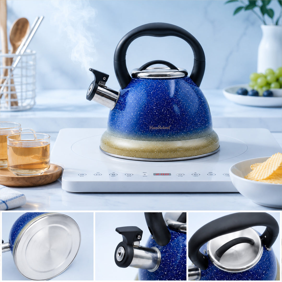 Haus Roland Stainless Steel Tea Kettle, Whistling Teapot, 3.5L Capacity, Suitable for Induction, Gas Stove, Construction, Glitter Finish, Fast Boiling Kitchen Utensil
