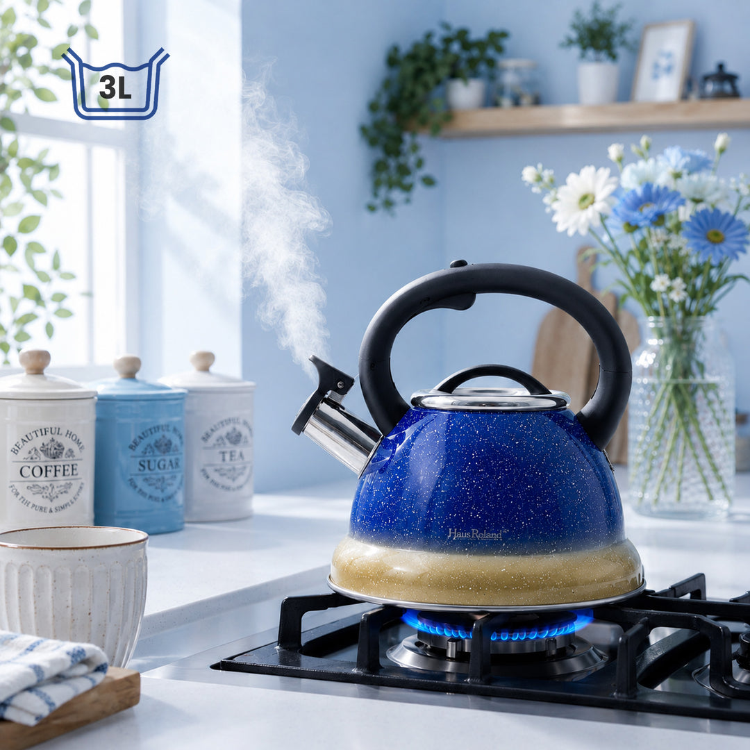 Haus Roland Stainless Steel Tea Kettle, Whistling Teapot, 3.5L Capacity, Suitable for Induction, Gas Stove, Construction, Glitter Finish, Fast Boiling Kitchen Utensil