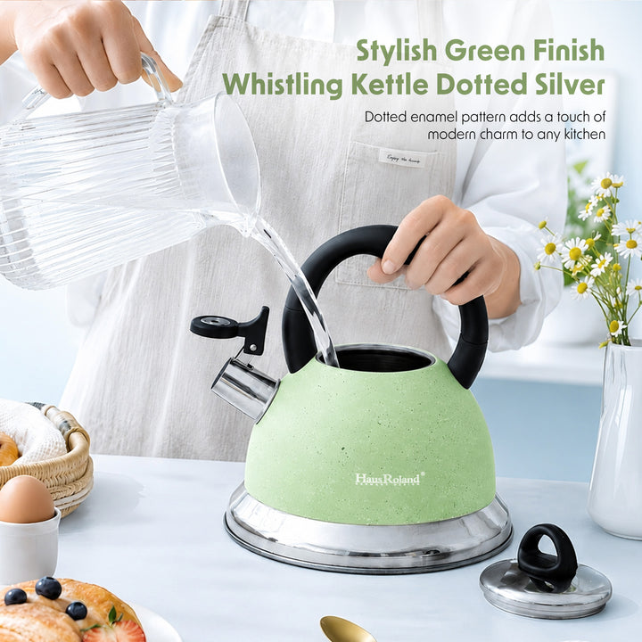 Haus Roland Whistling Kettle, Dotted Silver Striped, Stovetop Tea Kettle, Stainless Teapot, 3.5 Liters with Dotted Grain Handles, Fast Boiling, Perfect for Homes, Picnics, and Parties