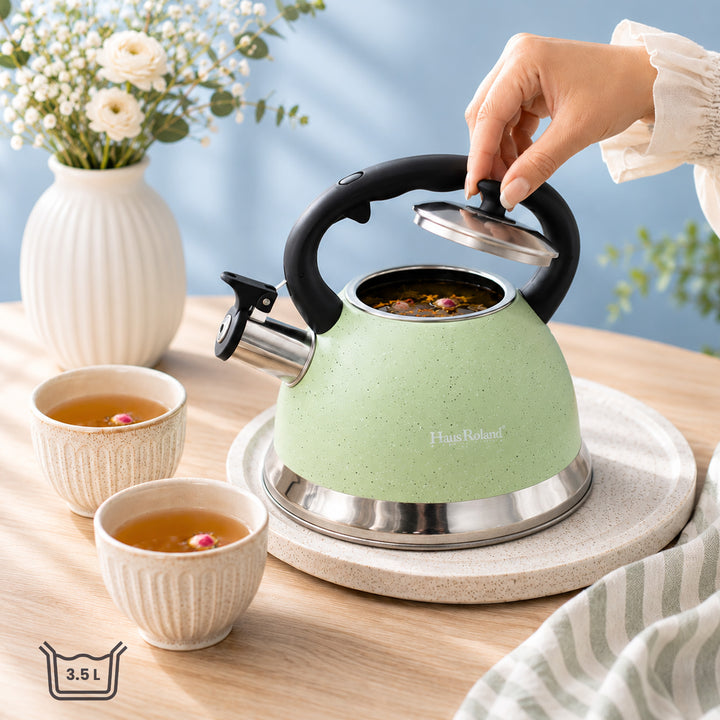 Haus Roland Whistling Kettle, Dotted Silver Striped, Stovetop Tea Kettle, Stainless Teapot, 3.5 Liters with Dotted Grain Handles, Fast Boiling, Perfect for Homes, Picnics, and Parties