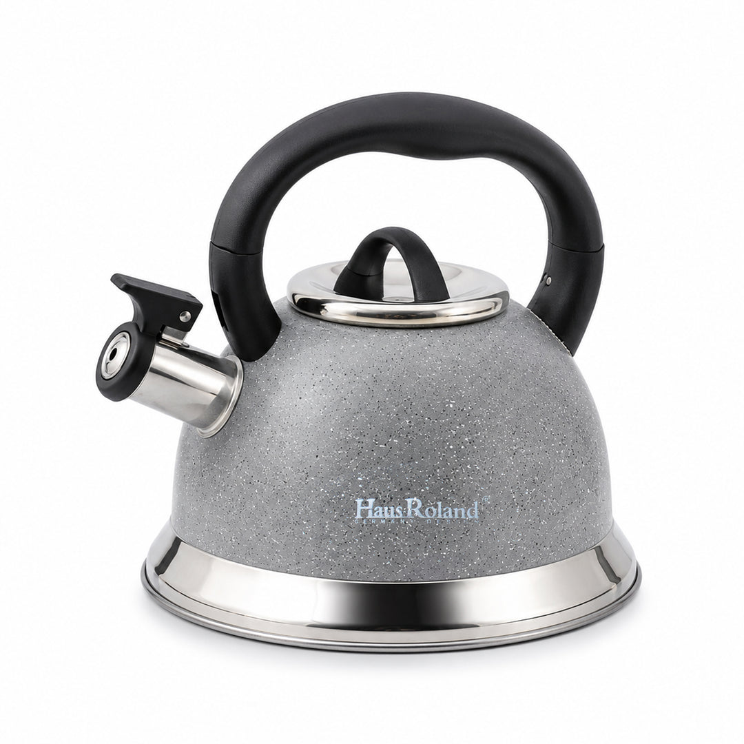 Haus Roland Whistling Kettle, Dotted Silver Striped, Stovetop Tea Kettle, Stainless Teapot, 3.5 Liters with Dotted Grain Handles, Fast Boiling, Perfect for Homes, Picnics, and Parties