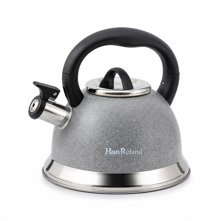 Haus Roland Whistling Kettle, Dotted Silver Striped, Stovetop Tea Kettle, Stainless Teapot, 3.5 Liters with Dotted Grain Handles, Fast Boiling, Perfect for Homes, Picnics, and Parties