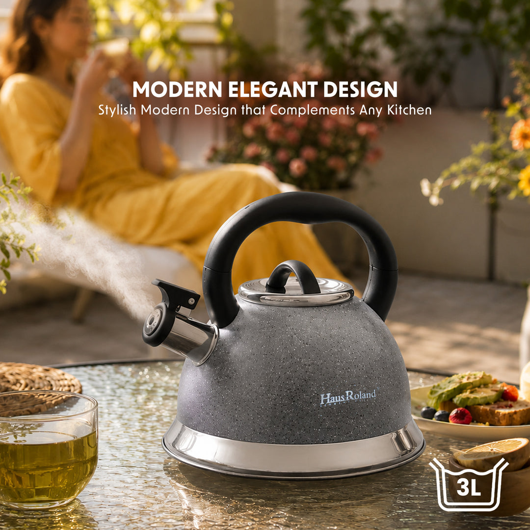 Haus Roland Whistling Kettle, Dotted Silver Striped, Stovetop Tea Kettle, Stainless Teapot, 3.5 Liters with Dotted Grain Handles, Fast Boiling, Perfect for Homes, Picnics, and Parties