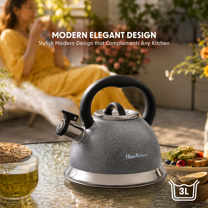 Haus Roland Whistling Kettle, Dotted Silver Striped, Stovetop Tea Kettle, Stainless Teapot, 3.5 Liters with Dotted Grain Handles, Fast Boiling, Perfect for Homes, Picnics, and Parties