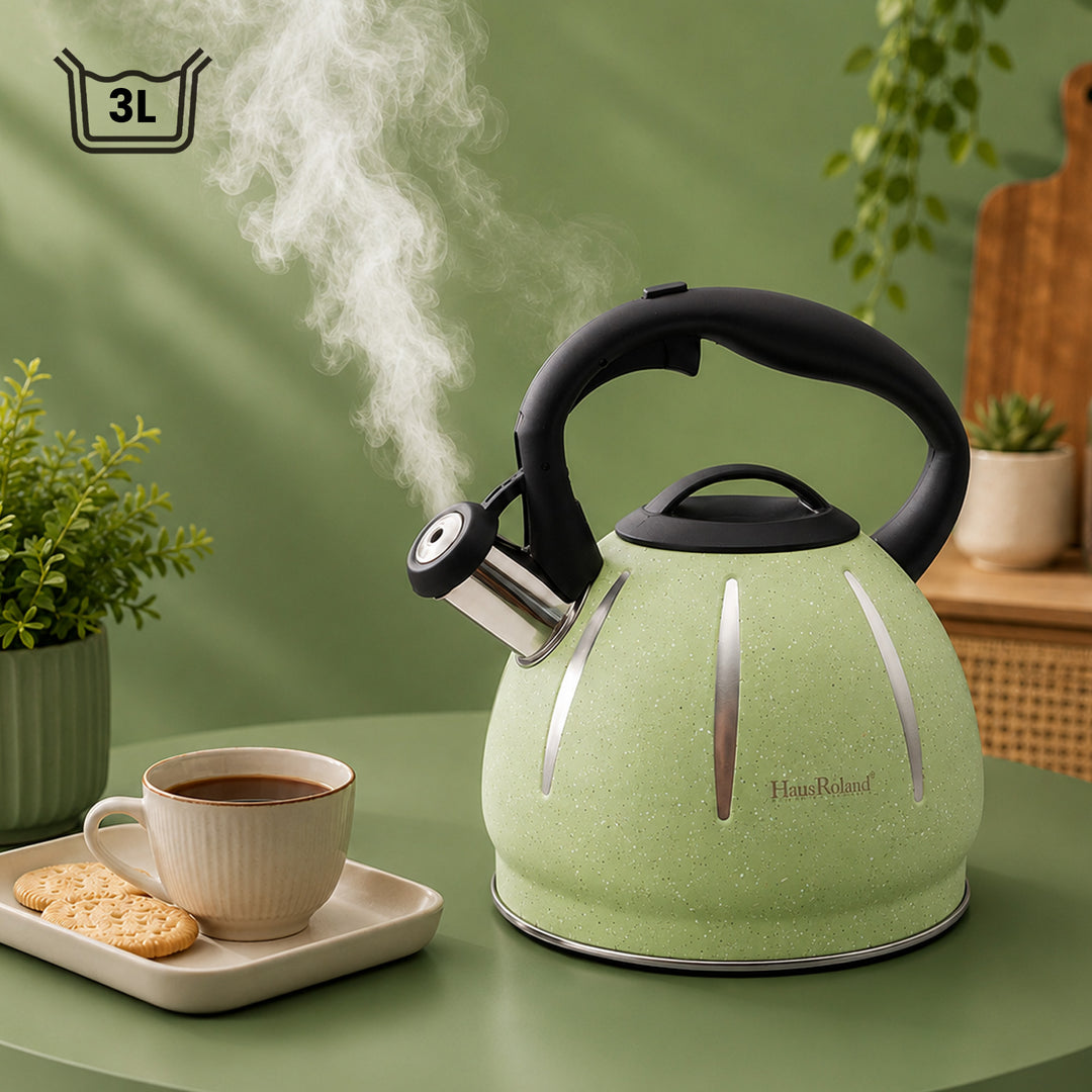 Haus Roland Stainless Steel Tea Kettle, Dotted Kettles, 3 Litres, Whistling Teapot, Stove Top, Stone Finish, Anti-Hot Handle, Anti-Rust, Loud Whistle, Fast Boiling Kitchen Utensil