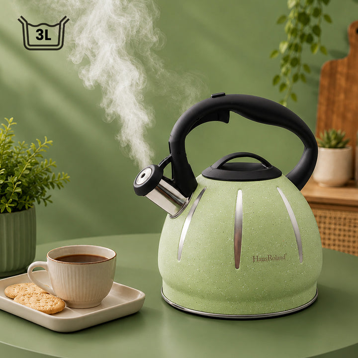 Haus Roland Stainless Steel Tea Kettle, Dotted Kettles, 3 Litres, Whistling Teapot, Stove Top, Stone Finish, Anti-Hot Handle, Anti-Rust, Loud Whistle, Fast Boiling Kitchen Utensil
