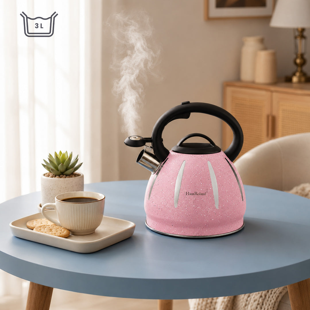 Haus Roland Stainless Steel Tea Kettle, Dotted Kettles, 3 Litres, Whistling Teapot, Stove Top, Stone Finish, Anti-Hot Handle, Anti-Rust, Loud Whistle, Fast Boiling Kitchen Utensil