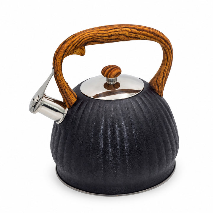 Haus Roland Whistling Kettle, Wooden Handles with Stripes, Stovetop Tea Kettle, Stainless Teapot, 3 Liters, Fast Boiling, Perfect for Homes, Picnics, and Parties