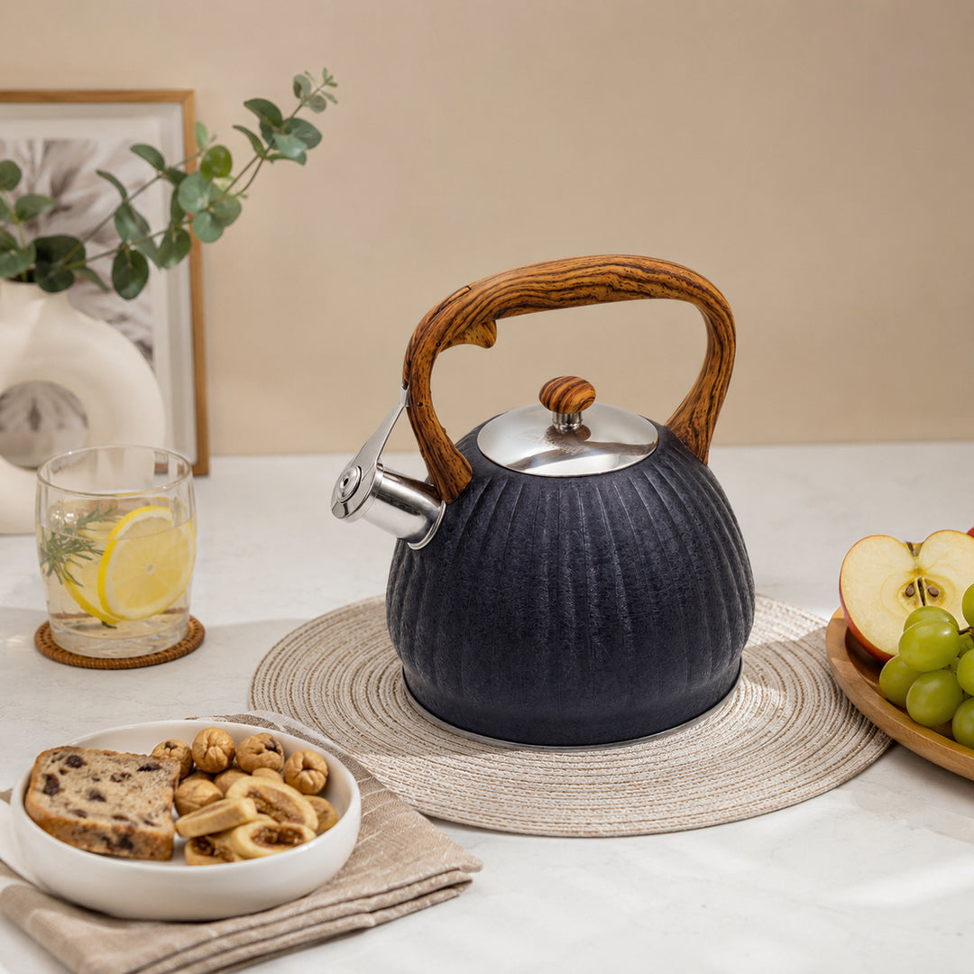Haus Roland Whistling Kettle, Wooden Handles with Stripes, Stovetop Tea Kettle, Stainless Teapot, 3 Liters, Fast Boiling, Perfect for Homes, Picnics, and Parties