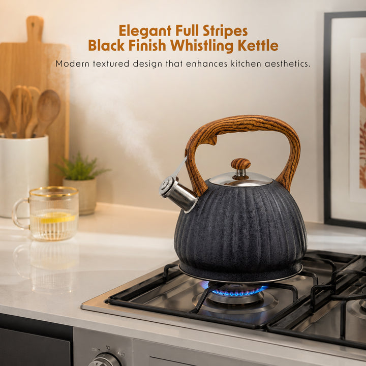 Haus Roland Whistling Kettle, Wooden Handles with Stripes, Stovetop Tea Kettle, Stainless Teapot, 3 Liters, Fast Boiling, Perfect for Homes, Picnics, and Parties