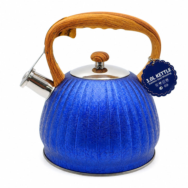 Haus Roland Whistling Kettle, Wooden Handles with Stripes, Stovetop Tea Kettle, Stainless Teapot, 3 Liters, Fast Boiling, Perfect for Homes, Picnics, and Parties