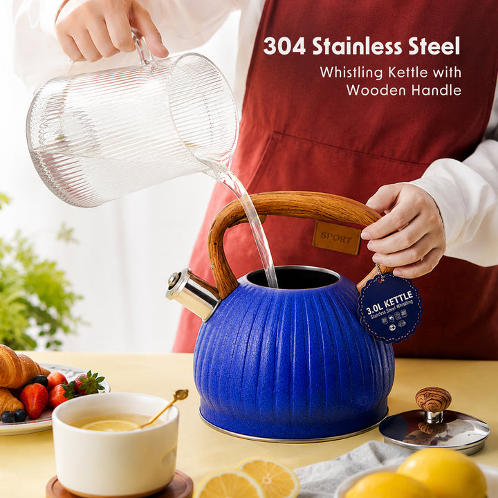 Haus Roland Whistling Kettle, Wooden Handles with Stripes, Stovetop Tea Kettle, Stainless Teapot, 3 Liters, Fast Boiling, Perfect for Homes, Picnics, and Parties