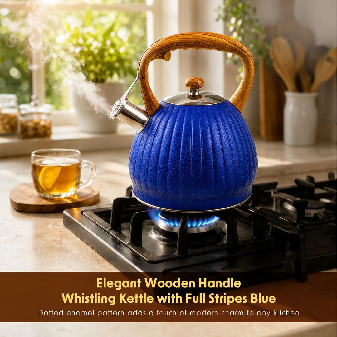Haus Roland Whistling Kettle, Wooden Handles with Stripes, Stovetop Tea Kettle, Stainless Teapot, 3 Liters, Fast Boiling, Perfect for Homes, Picnics, and Parties