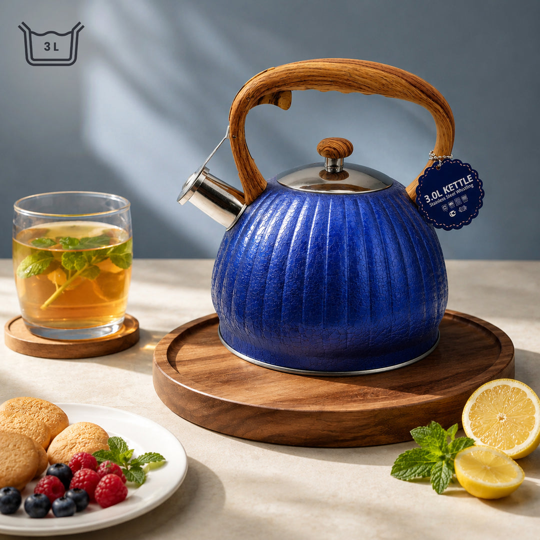 Haus Roland Whistling Kettle, Wooden Handles with Stripes, Stovetop Tea Kettle, Stainless Teapot, 3 Liters, Fast Boiling, Perfect for Homes, Picnics, and Parties