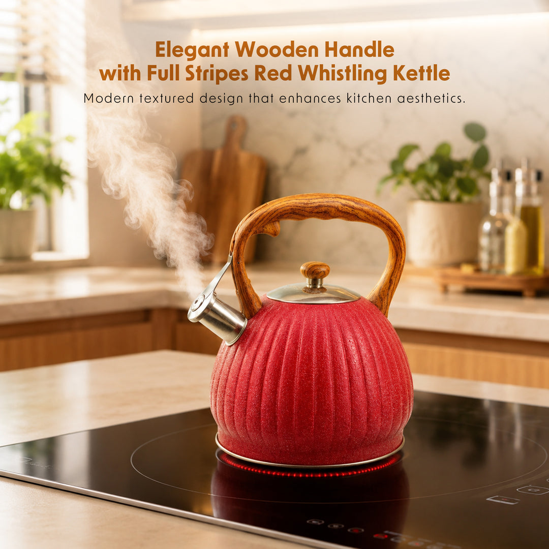 Haus Roland Whistling Kettle, Wooden Handles with Stripes, Stovetop Tea Kettle, Stainless Teapot, 3 Liters, Fast Boiling, Perfect for Homes, Picnics, and Parties