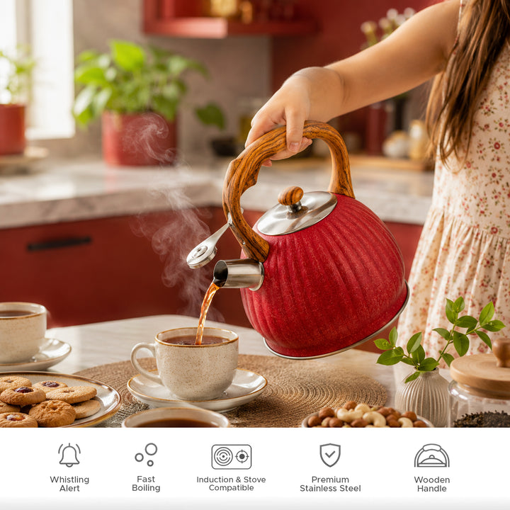 Haus Roland Whistling Kettle, Wooden Handles with Stripes, Stovetop Tea Kettle, Stainless Teapot, 3 Liters, Fast Boiling, Perfect for Homes, Picnics, and Parties