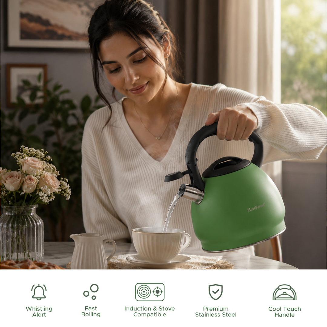 Haus Roland Whistling Kettle, Stainless Steel Tea Kettle, 3 Liters, Whistling Teapot, Ergonomic Handle Teapot, Lid with Nylon Knob, Suitable For Induction and Gas., Full Matte Design