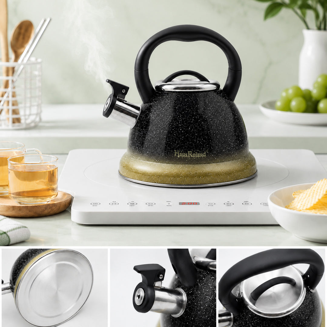 Haus Roland Stainless Steel Tea Kettle, Whistling Teapot, 3.5L Capacity, Suitable for Induction, Gas Stove, Construction, Glitter Finish, Fast Boiling Kitchen Utensil