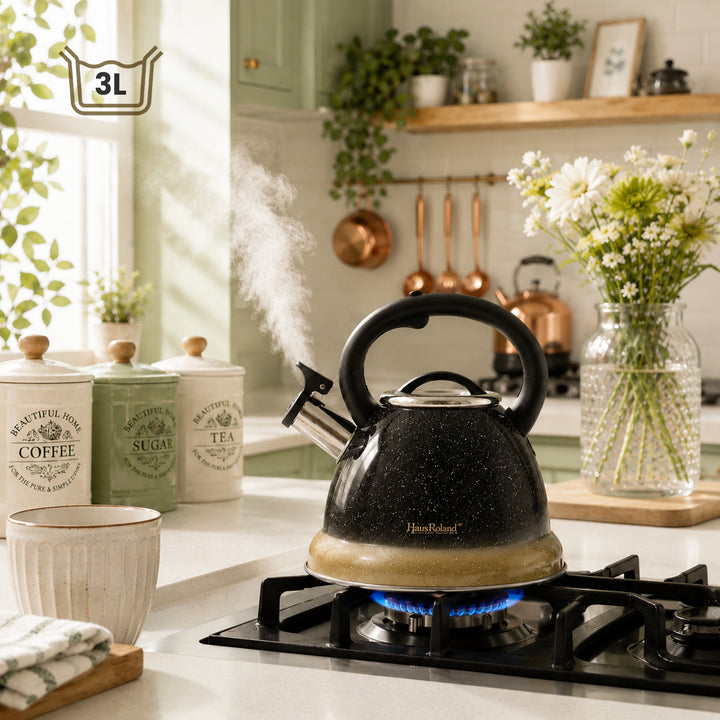 Haus Roland Stainless Steel Tea Kettle, Whistling Teapot, 3.5L Capacity, Suitable for Induction, Gas Stove, Construction, Glitter Finish, Fast Boiling Kitchen Utensil