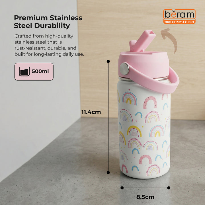 Beram Stainless Steel Thermal Water Bottle 12oz 500ml Smart Water Bottle Aqua Flask Travel Flask for Hot Water Thermos Flask Harmonica Bottle