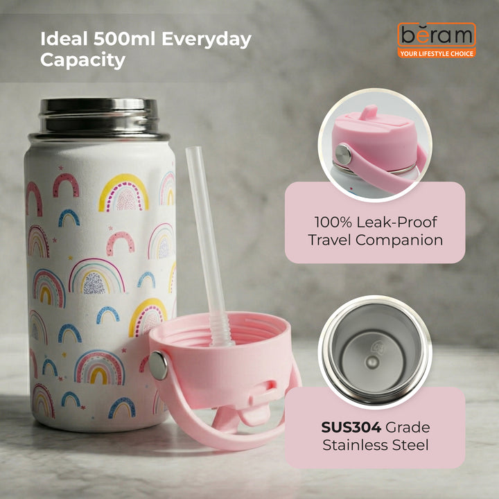 Beram Stainless Steel Thermal Water Bottle 12oz 500ml Smart Water Bottle Aqua Flask Travel Flask for Hot Water Thermos Flask Harmonica Bottle