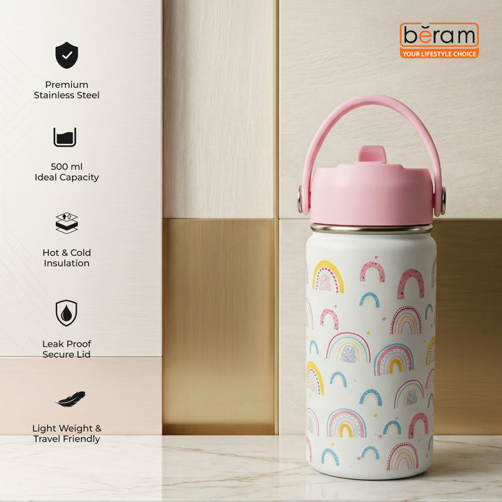 Beram Stainless Steel Thermal Water Bottle 12oz 500ml Smart Water Bottle Aqua Flask Travel Flask for Hot Water Thermos Flask Harmonica Bottle