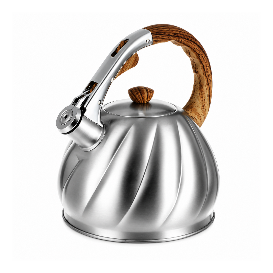 HAUS ROLAND Whistling Kettle, 2 Liter Water Kettle, Stovetop Tea Kettle, Stainless Steel Teapot, Wood Grain Handles, Fast Boiling, Perfect for Homes, Picnics, and Parties