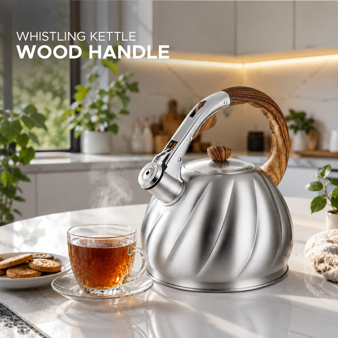 HAUS ROLAND Whistling Kettle, 2 Liter Water Kettle, Stovetop Tea Kettle, Stainless Steel Teapot, Wood Grain Handles, Fast Boiling, Perfect for Homes, Picnics, and Parties