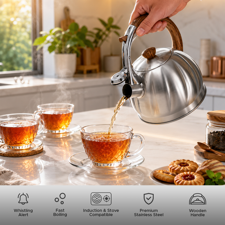 HAUS ROLAND Whistling Kettle, 2 Liter Water Kettle, Stovetop Tea Kettle, Stainless Steel Teapot, Wood Grain Handles, Fast Boiling, Perfect for Homes, Picnics, and Parties
