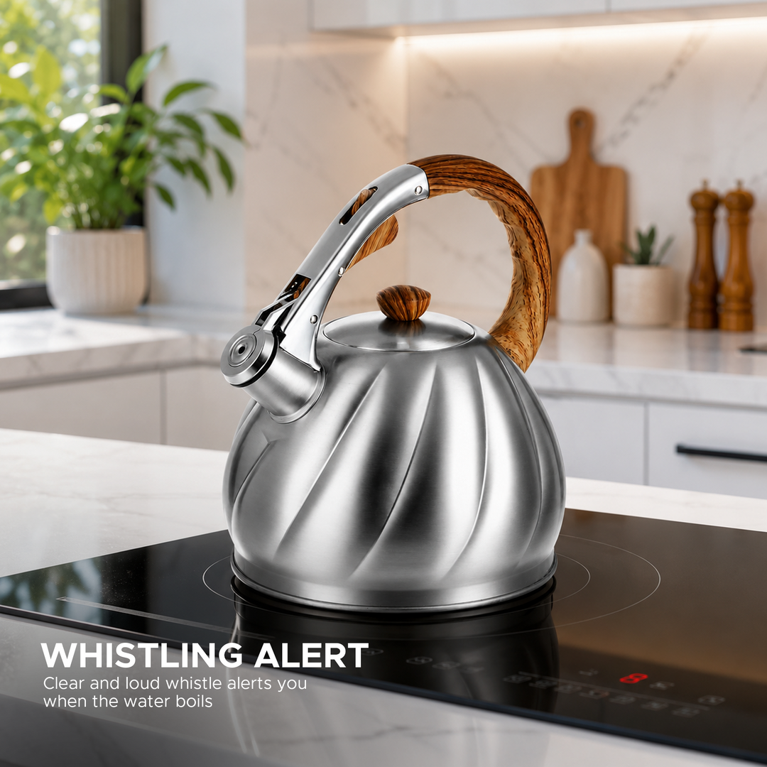 HAUS ROLAND Whistling Kettle, 2 Liter Water Kettle, Stovetop Tea Kettle, Stainless Steel Teapot, Wood Grain Handles, Fast Boiling, Perfect for Homes, Picnics, and Parties