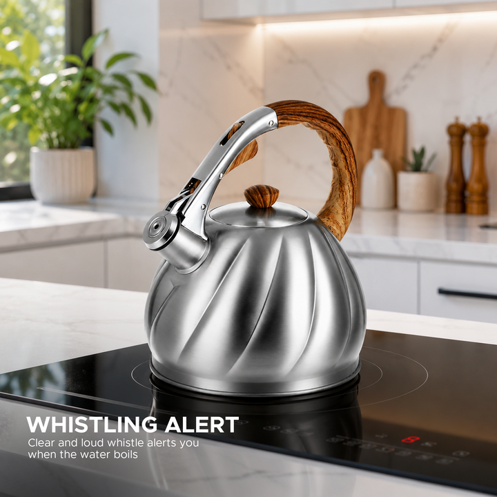 HAUS ROLAND Whistling Kettle, 2 Liter Water Kettle, Stovetop Tea Kettle, Stainless Steel Teapot, Wood Grain Handles, Fast Boiling, Perfect for Homes, Picnics, and Parties