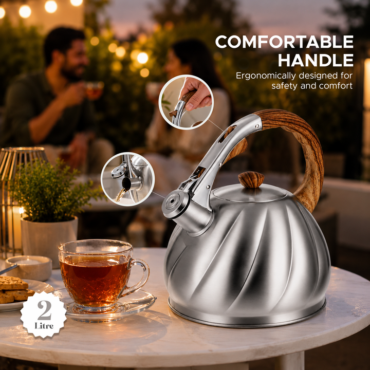 HAUS ROLAND Whistling Kettle, 2 Liter Water Kettle, Stovetop Tea Kettle, Stainless Steel Teapot, Wood Grain Handles, Fast Boiling, Perfect for Homes, Picnics, and Parties
