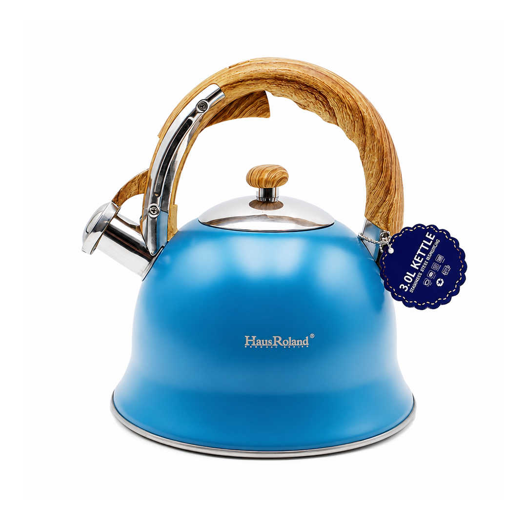 Haus Roland Stainless Steel Whistling Tea Kettle, Wooden Handles, 3L Capacity, Flat Bottom, for Electric, Gas, Induction, Radiation Stoves, Fast Boiling Teapot, Kitchen Utensils