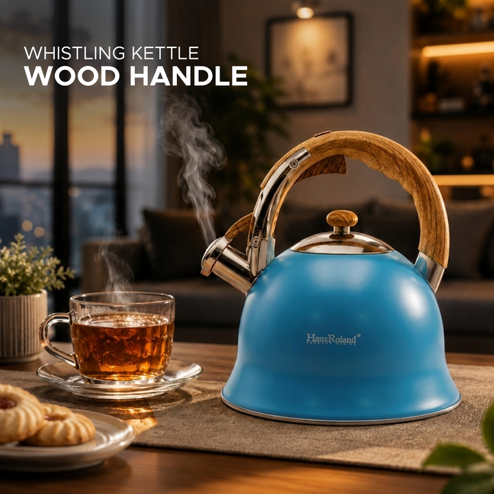 Haus Roland Stainless Steel Whistling Tea Kettle, Wooden Handles, 3L Capacity, Flat Bottom, for Electric, Gas, Induction, Radiation Stoves, Fast Boiling Teapot, Kitchen Utensils