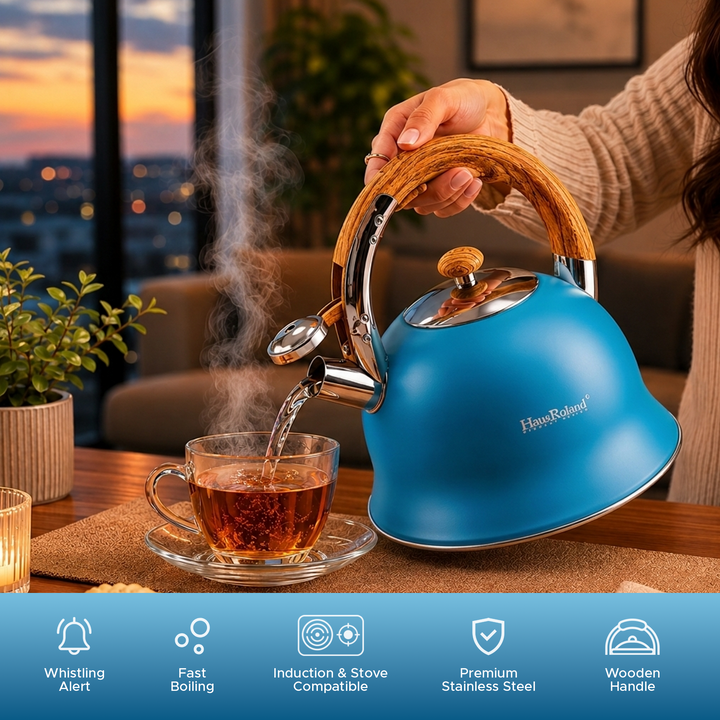 Haus Roland Stainless Steel Whistling Tea Kettle, Wooden Handles, 3L Capacity, Flat Bottom, for Electric, Gas, Induction, Radiation Stoves, Fast Boiling Teapot, Kitchen Utensils