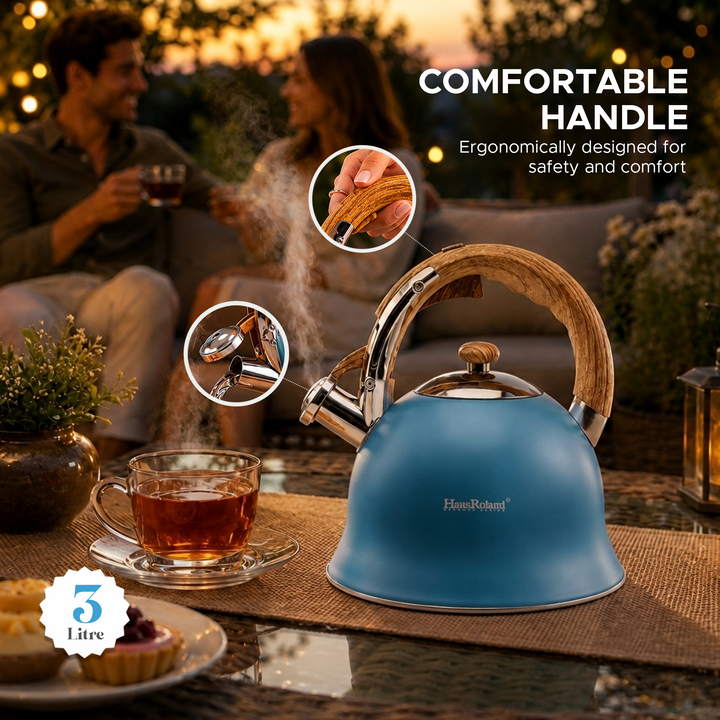 Haus Roland Stainless Steel Whistling Tea Kettle, Wooden Handles, 3L Capacity, Flat Bottom, for Electric, Gas, Induction, Radiation Stoves, Fast Boiling Teapot, Kitchen Utensils