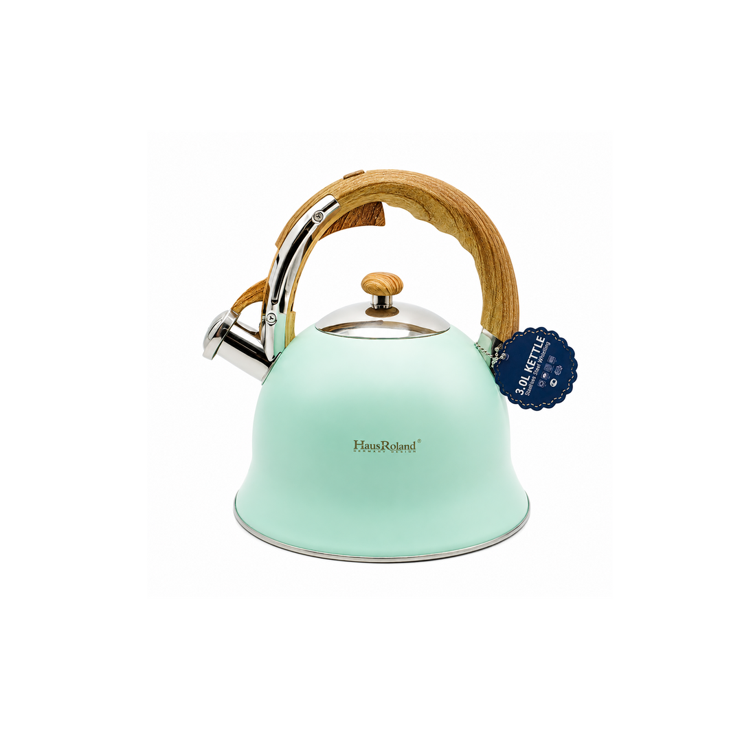 Haus Roland Stainless Steel Whistling Tea Kettle, Wooden Handles, 3L Capacity, Flat Bottom, for Electric, Gas, Induction, Radiation Stoves, Fast Boiling Teapot, Kitchen Utensils
