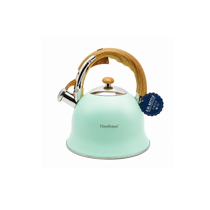 Haus Roland Stainless Steel Whistling Tea Kettle, Wooden Handles, 3L Capacity, Flat Bottom, for Electric, Gas, Induction, Radiation Stoves, Fast Boiling Teapot, Kitchen Utensils