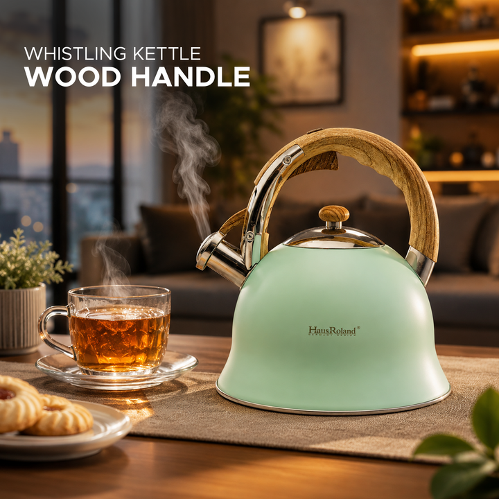 Haus Roland Stainless Steel Whistling Tea Kettle, Wooden Handles, 3L Capacity, Flat Bottom, for Electric, Gas, Induction, Radiation Stoves, Fast Boiling Teapot, Kitchen Utensils
